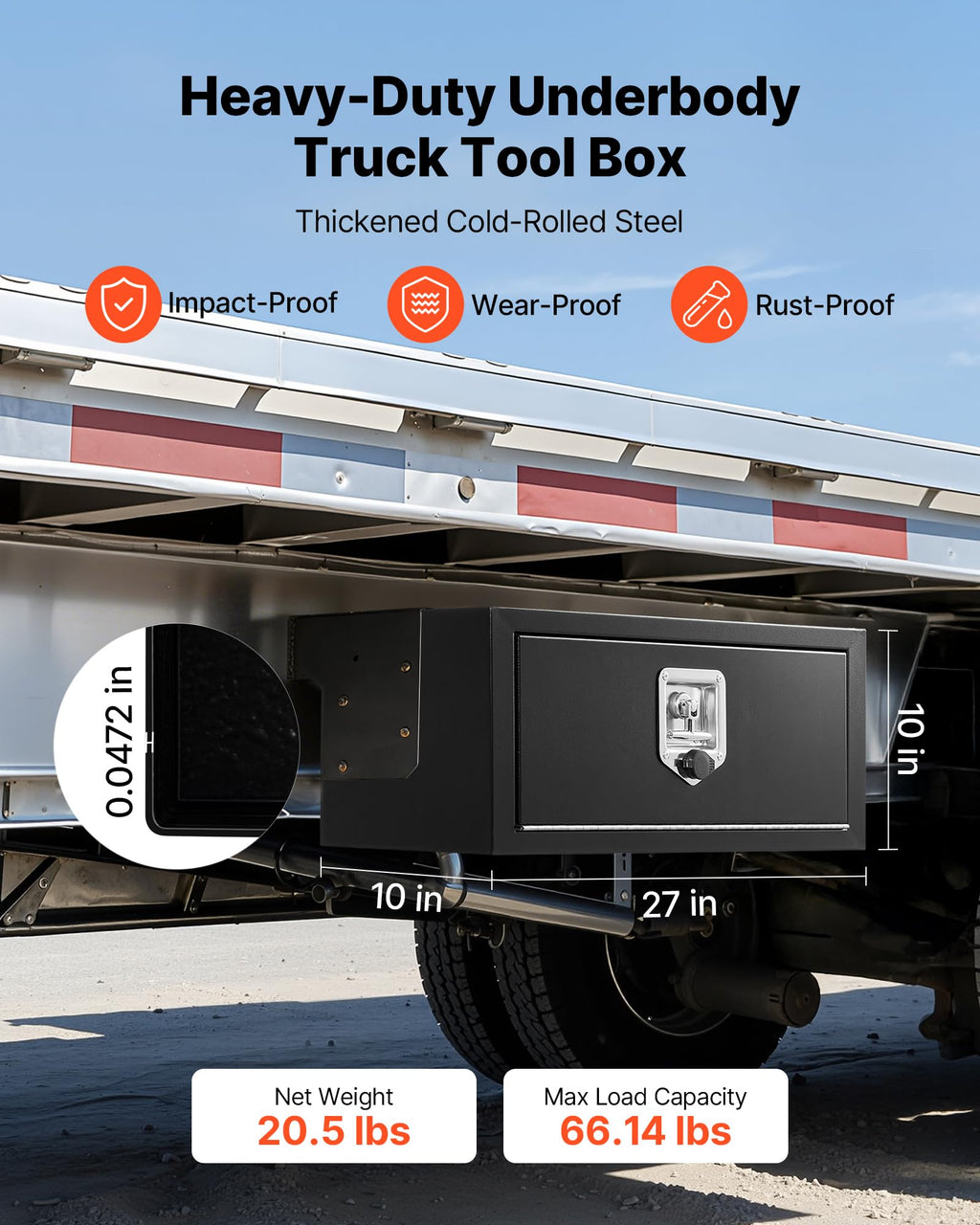 Underbody Truck Tool Box 27 x 10 x 10 Inch Heavy Duty Steel with Lock & Keys Black G1502