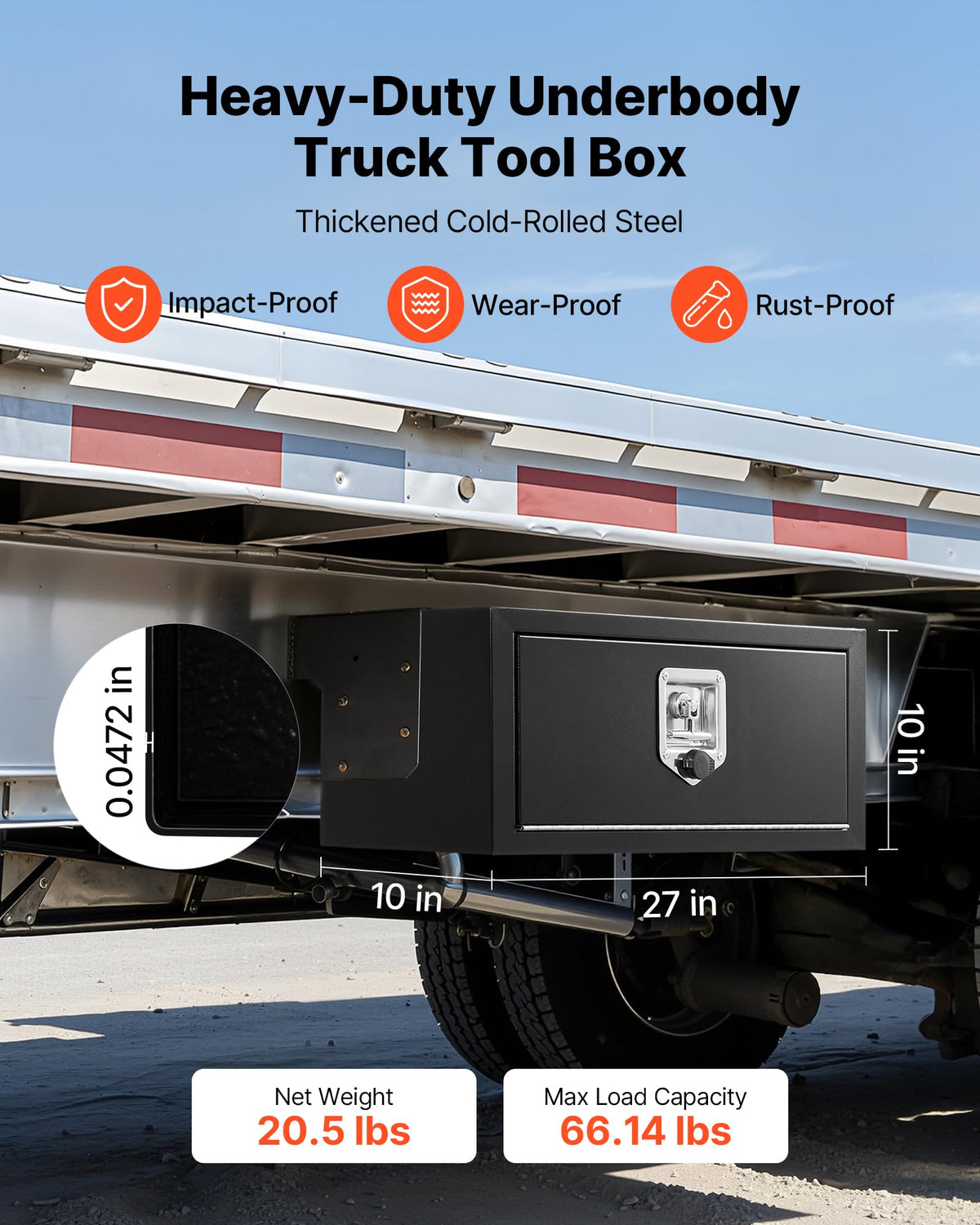 Underbody Truck Tool Box 27 x 10 x 10 Inch Heavy Duty Steel with Lock & Keys Black G1502