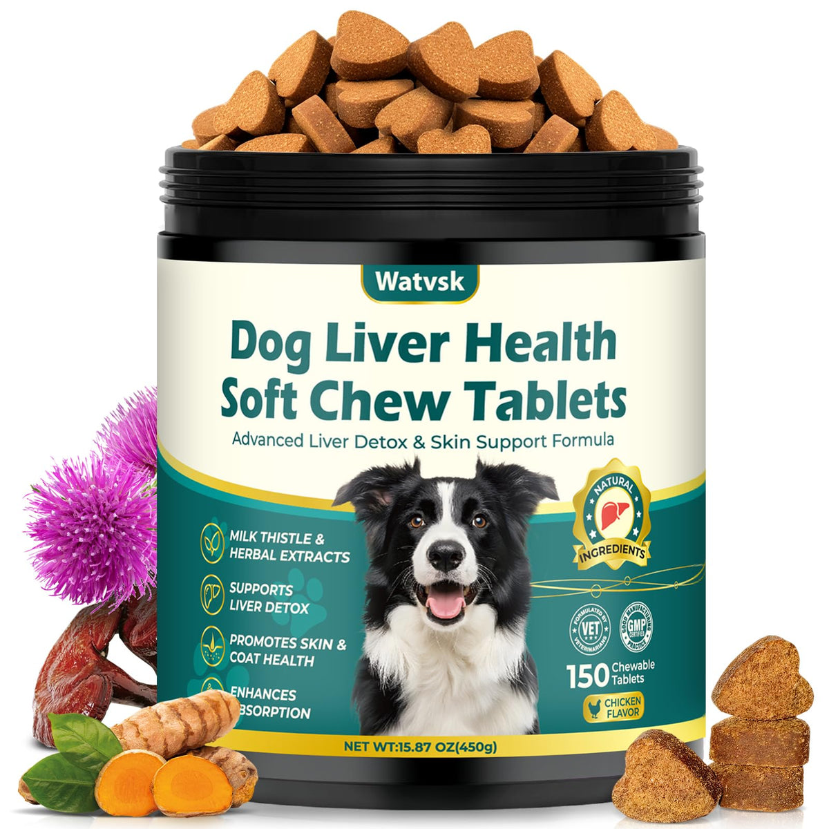 Milk Thistle Supplement for Dogs with Curcumin Choline Fish Oil Prebiotics Chicken Flavor I828