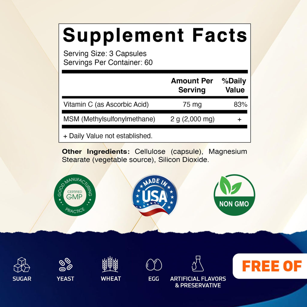 MSM 2000 mg with Vitamin C 180 Veg Capsules Non-GMO Gluten Free M452276