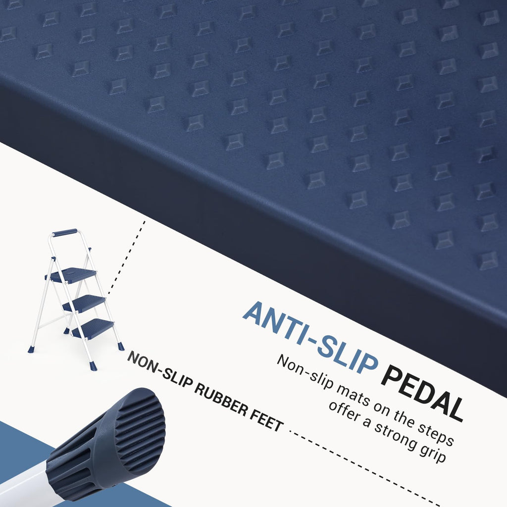 3 Step Ladder with Anti-Slip Pedal and Handrail, 500lbs Blue O669