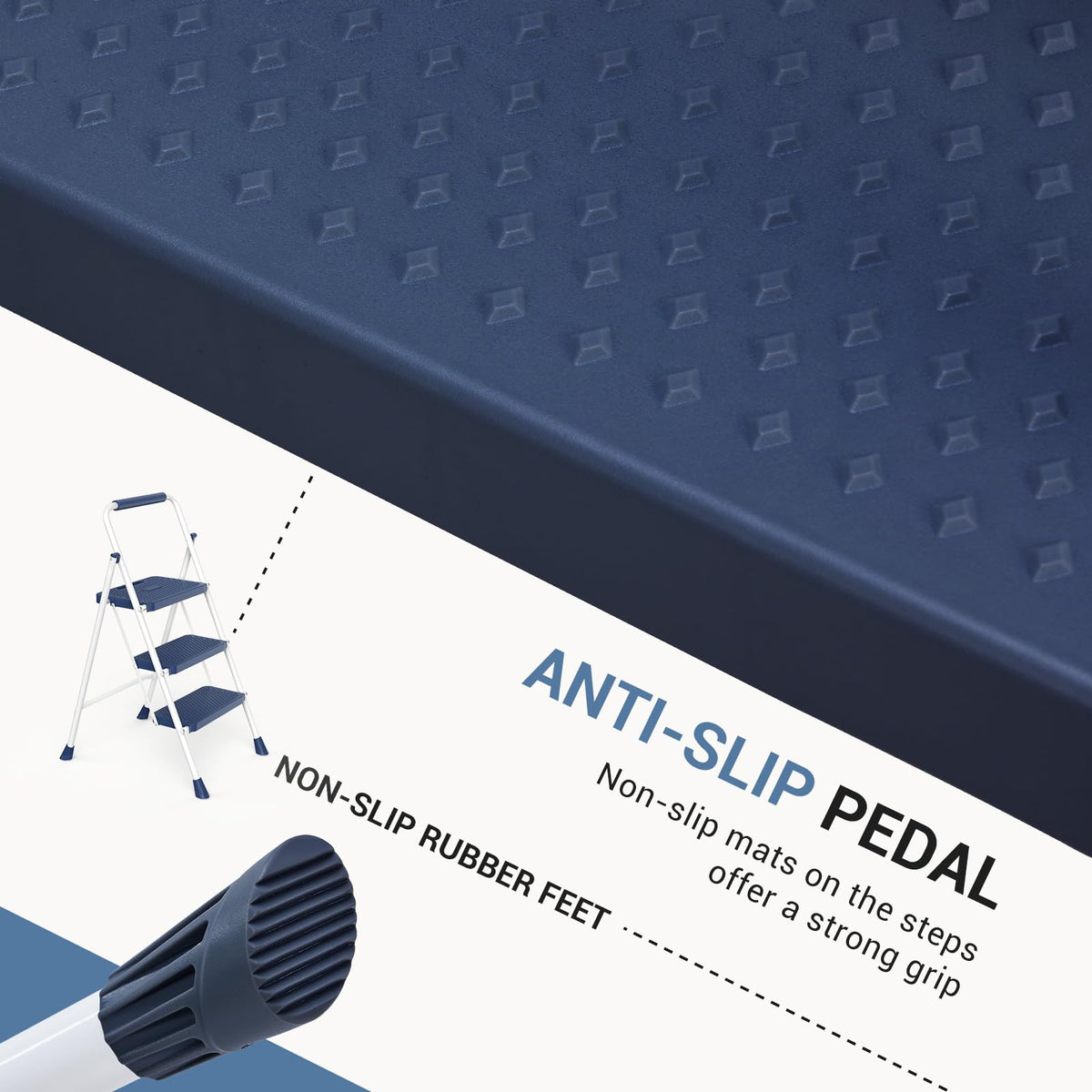 3 Step Ladder with Anti-Slip Pedal and Handrail, 500lbs Blue O669