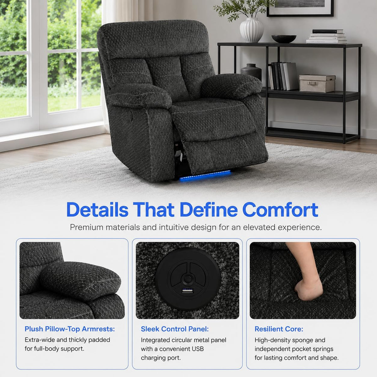 Gray Wool 3 Piece Power Reclining Sofa Set with USB Ports and LED Lights I4587