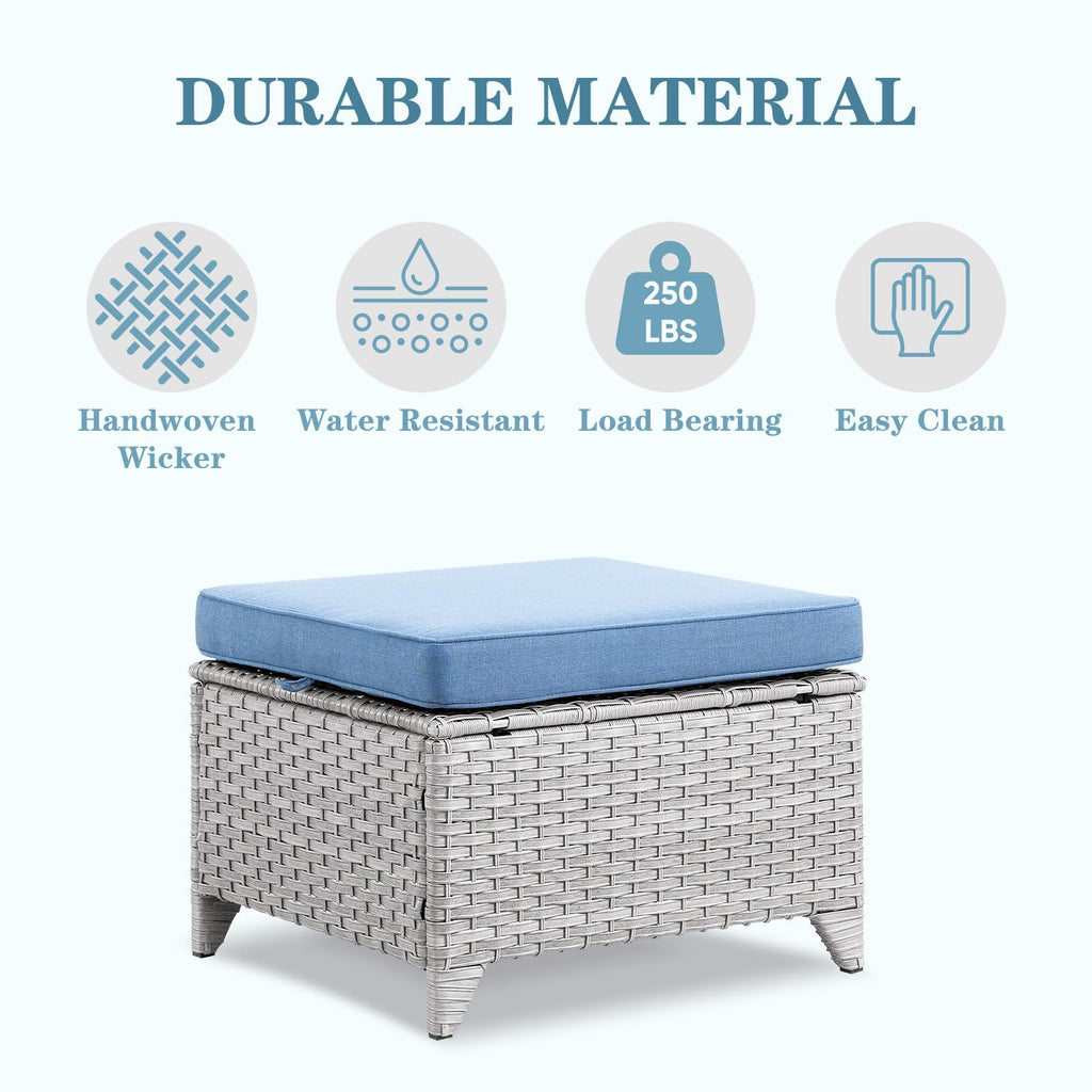 Wicker Outdoor Ottomans Set of 2 Handwoven Rattan Footstools with Removable Cushions R23943