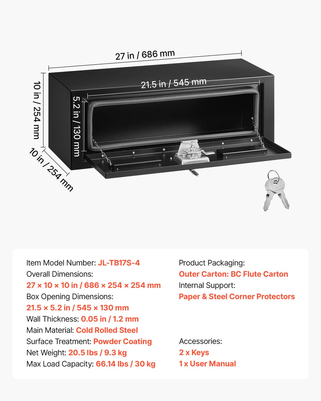 Underbody Truck Tool Box 27 x 10 x 10 Inch Heavy Duty Steel with Lock & Keys Black G1502