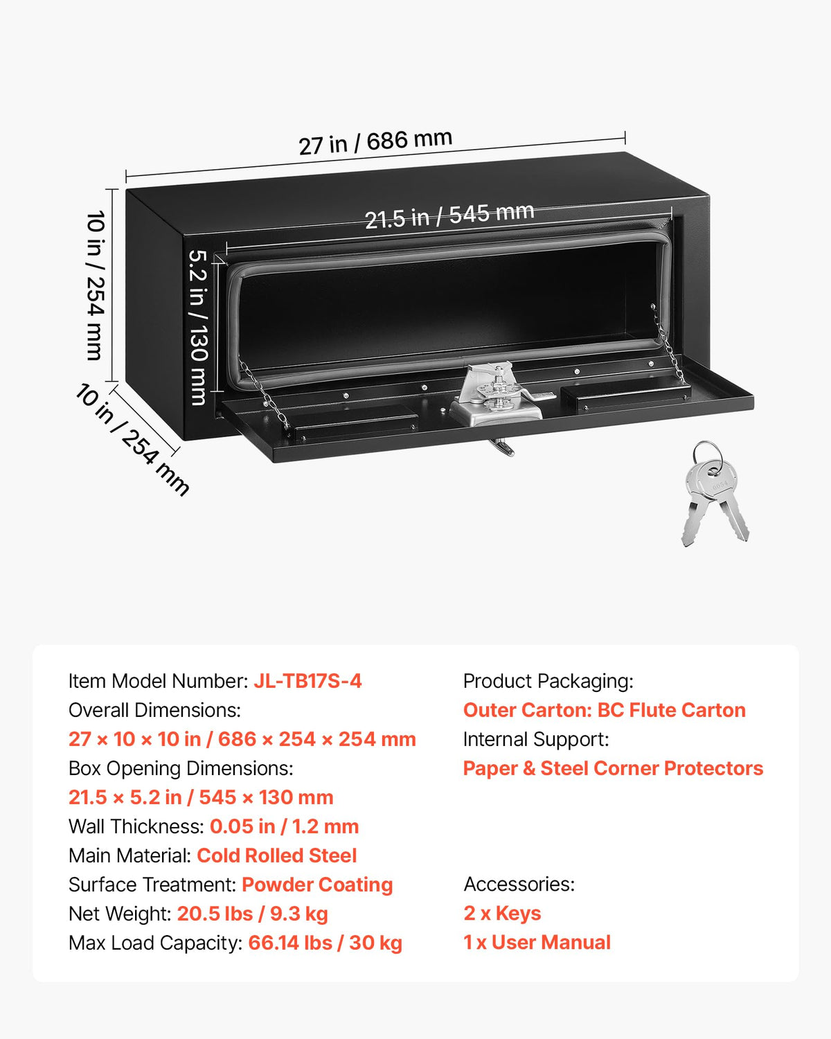 Underbody Truck Tool Box 27 x 10 x 10 Inch Heavy Duty Steel with Lock & Keys Black G1502