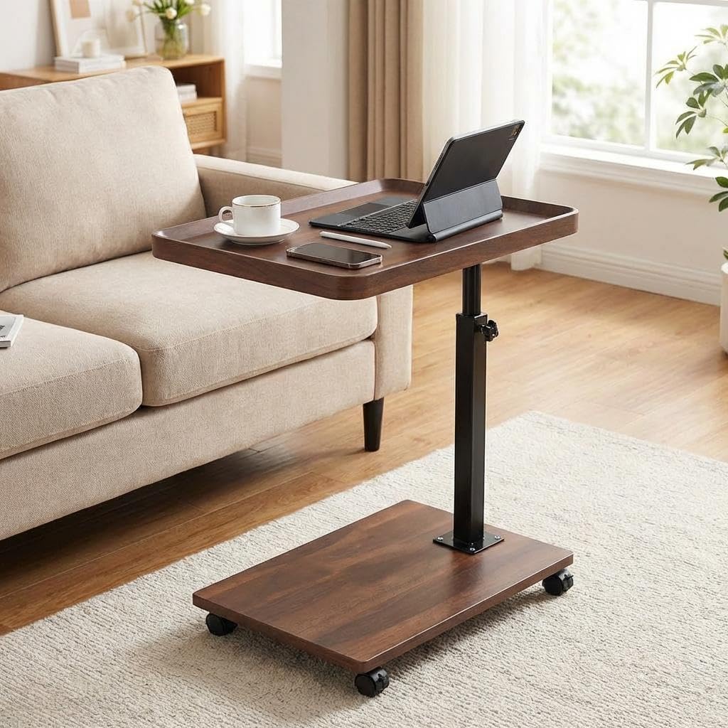 C Shaped End Table with Wheels & Adjustable Height Q752