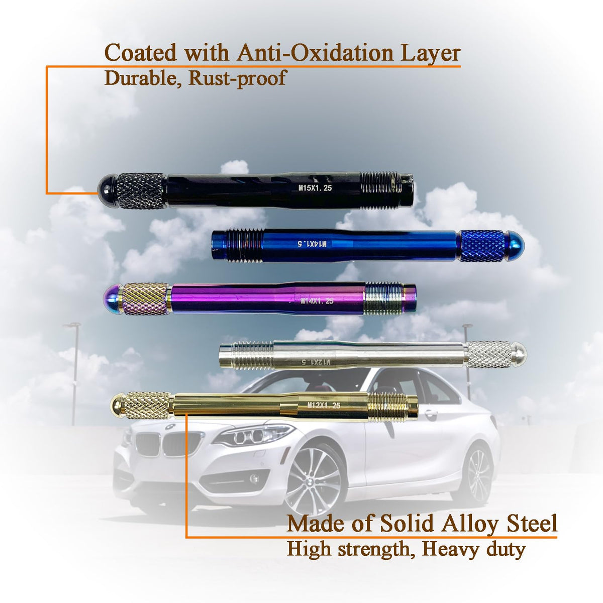 10PC Alloy Steel Wheel Alignment Pins Kit M12x1.5/1.25/M14x1.5/1.25/M15*1.25 Lug Bolt Guide Tool V632513