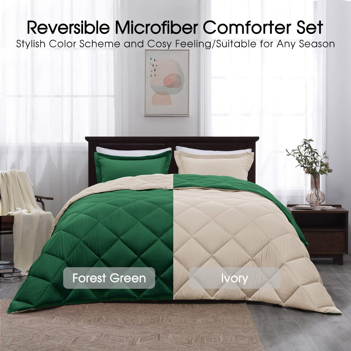 Forest Green King Size Reversible Down Alternative Comforter Set E4469