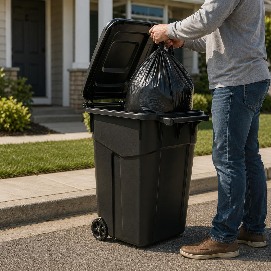 45 Gallon Black Outdoor Trash Can with Wheels and Attached Lid J1254