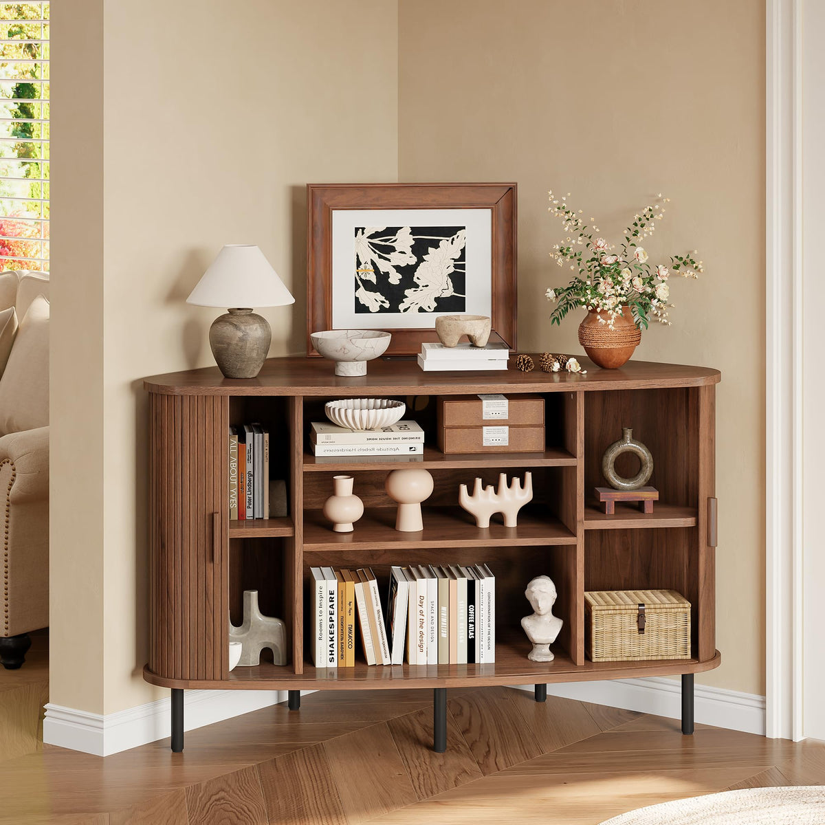 47" Walnut Corner TV Stand with Sliding Door K7780
