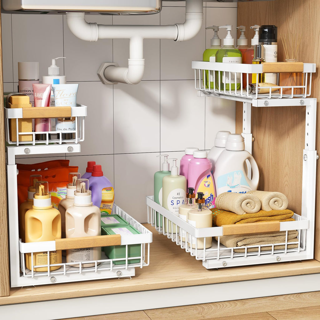 Adjustable 2 Tier Pull Out Under Sink Organizer, White, 2 Pack V5972