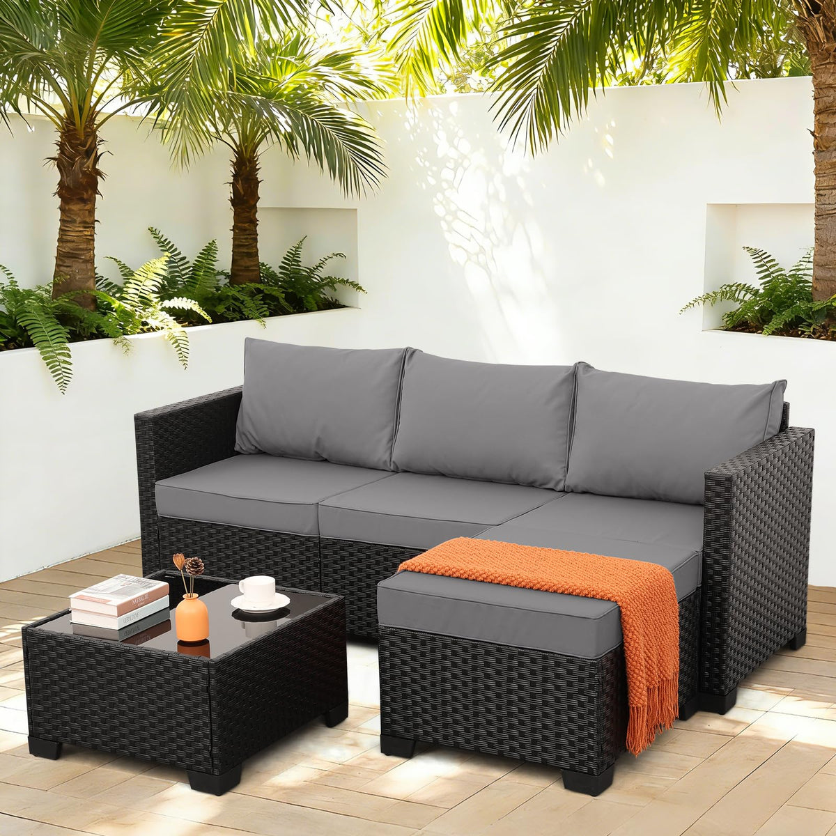 3 Pieces Wicker Outdoor Sectional with Ottoman and Glass Table Y116