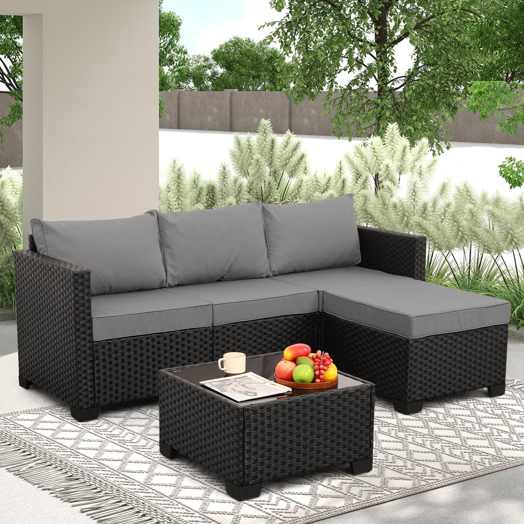 3 Pieces Wicker Outdoor Sectional with Ottoman and Glass Table Y116