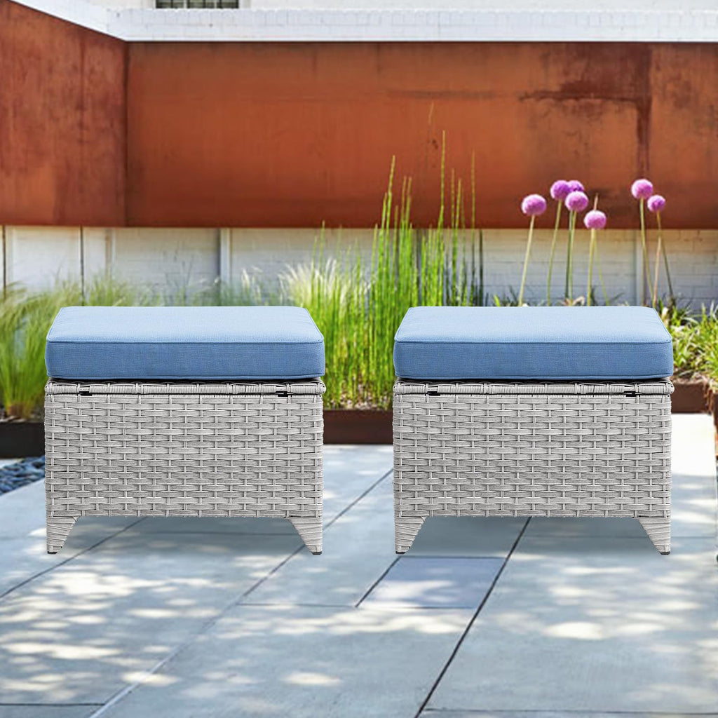 Wicker Outdoor Ottomans Set of 2 Handwoven Rattan Footstools with Removable Cushions R23943