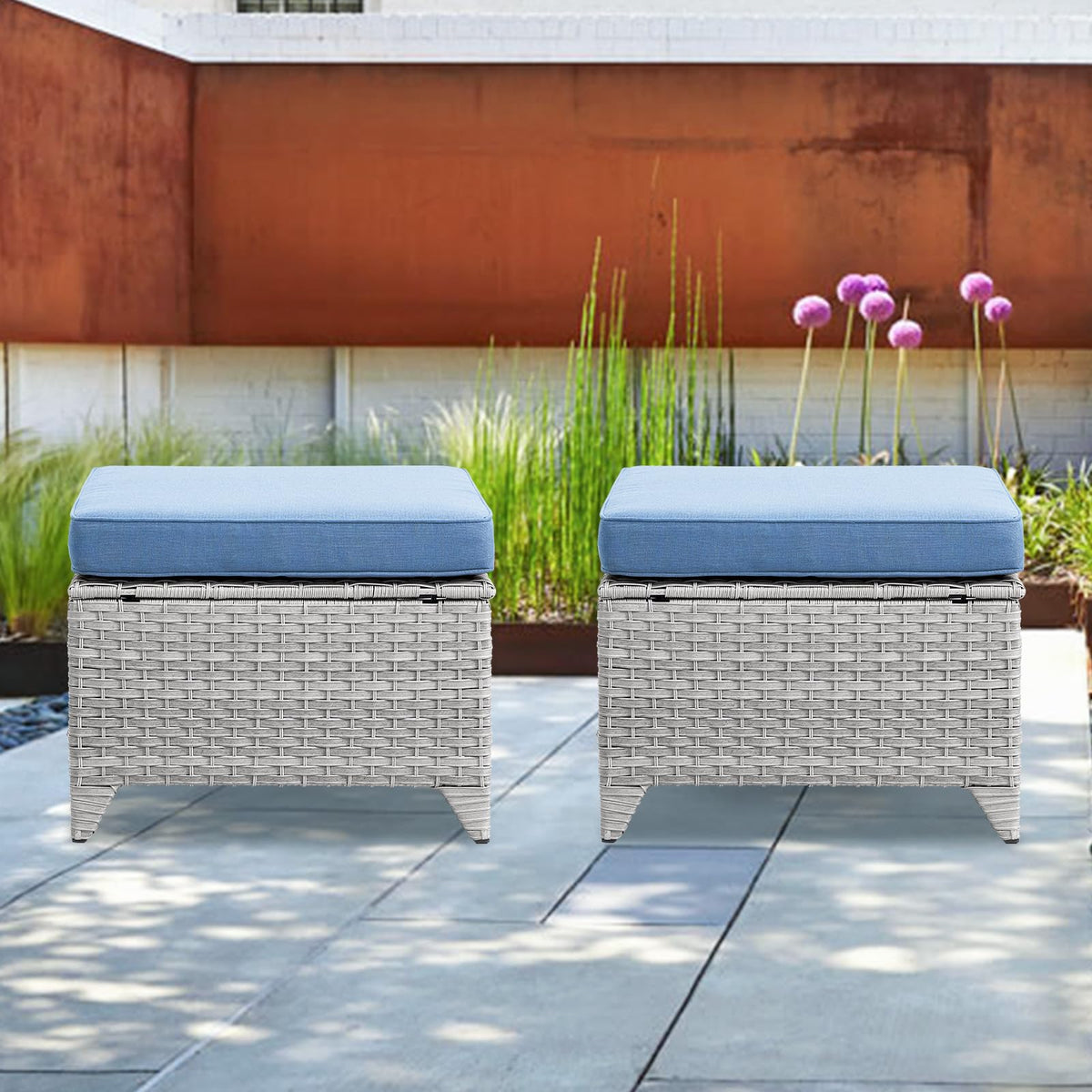 Wicker Outdoor Ottomans Set of 2 Handwoven Rattan Footstools with Removable Cushions R23943