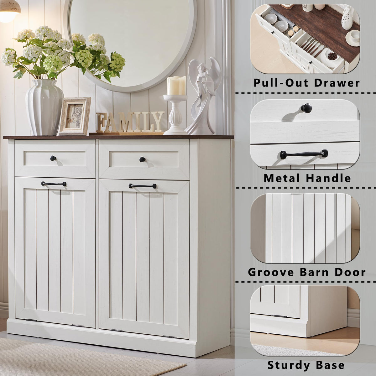 Double Tilt Out Wood Trash Cabinet Antique White I785