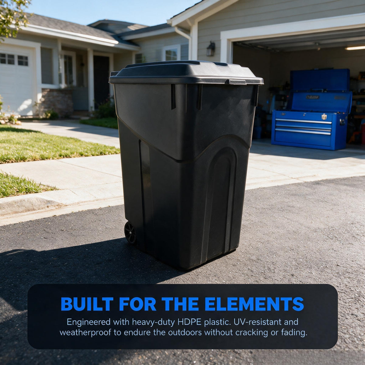 45 Gallon Black Outdoor Trash Can with Wheels and Attached Lid J1254