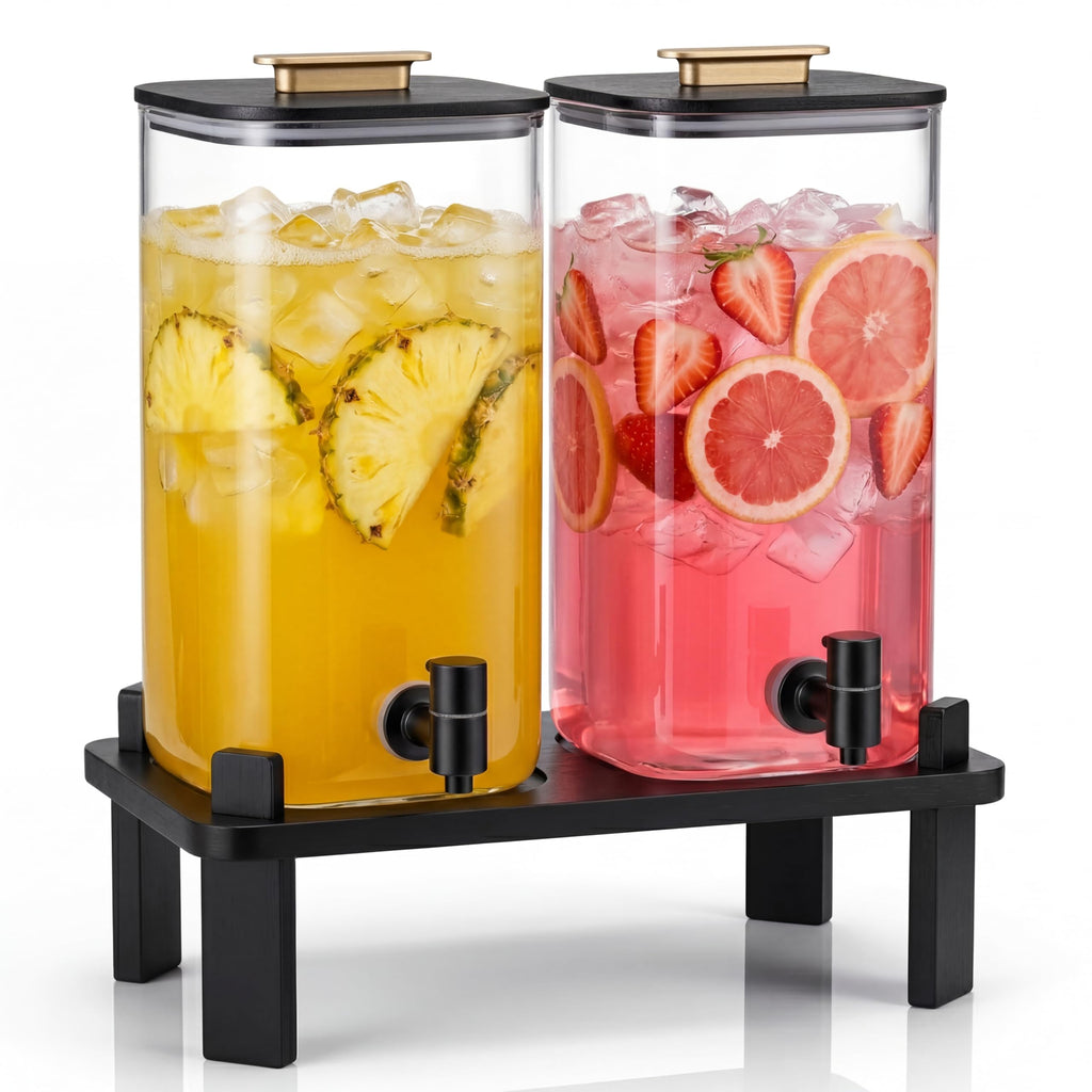 2 PCS 3 Gallon Glass Beverage Dispenser with Wood Stand A7091