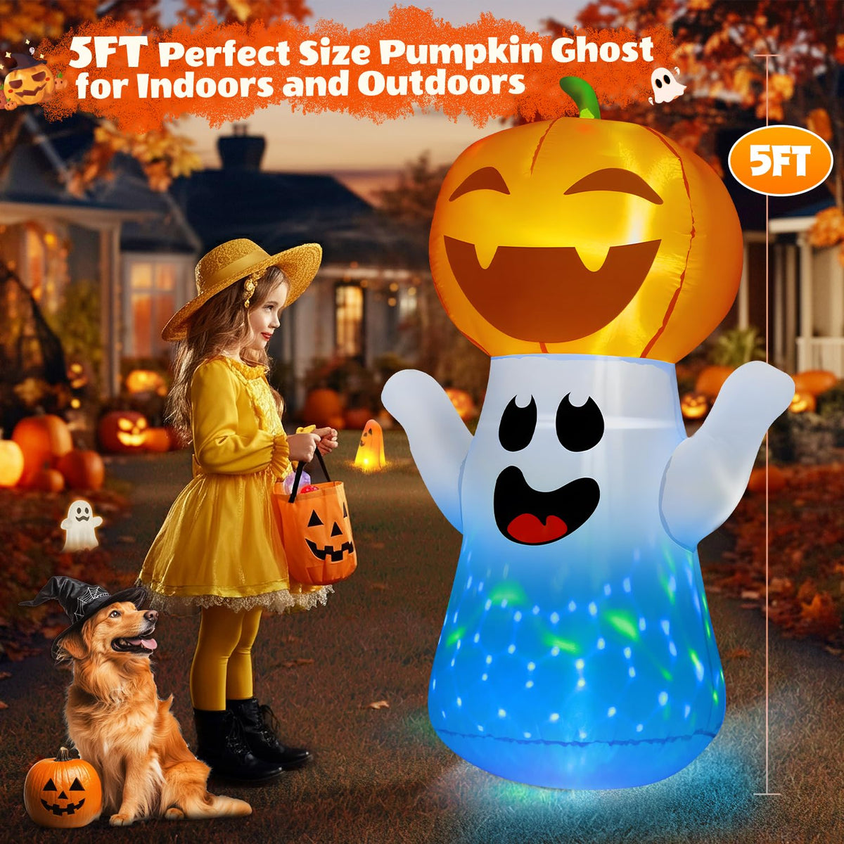 5FT Halloween Inflatables Pumpkin Ghost Built-in 3-Pattern Colorful Flashing Light K8639