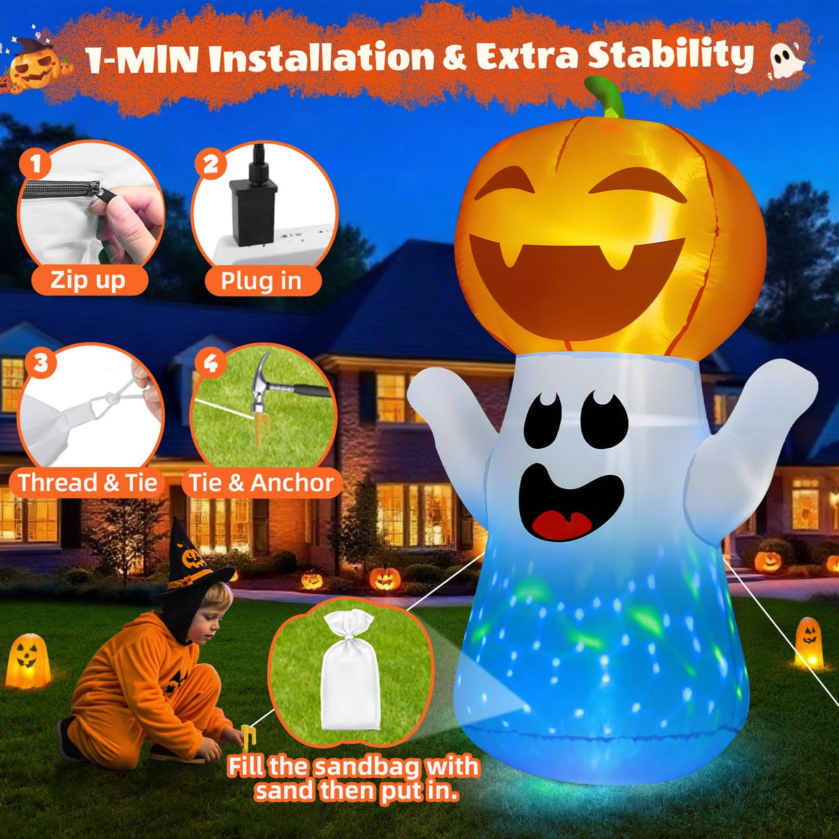 5FT Halloween Inflatables Pumpkin Ghost Built-in 3-Pattern Colorful Flashing Light K8639