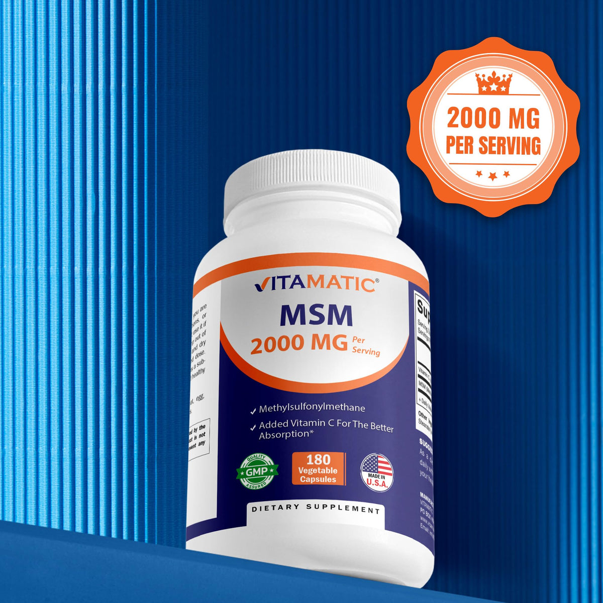 MSM 2000 mg with Vitamin C 180 Veg Capsules Non-GMO Gluten Free M452276