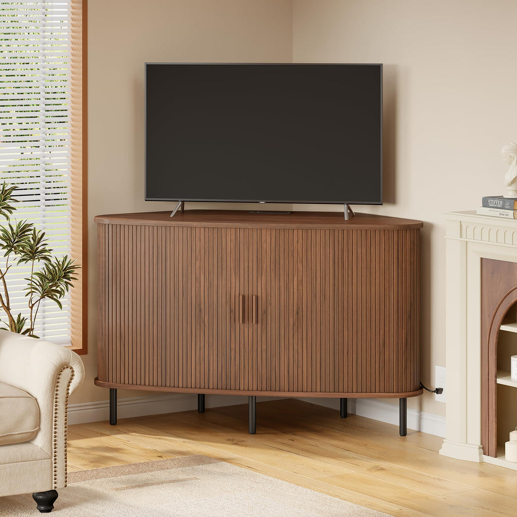 47" Walnut Corner TV Stand with Sliding Door K7780