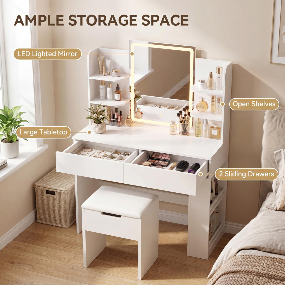 White Vanity Desk Set with LED Mirror E90923