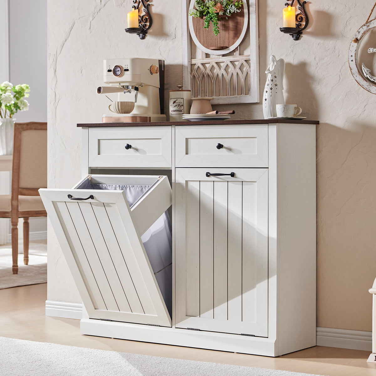 Double Tilt Out Wood Trash Cabinet Antique White I785