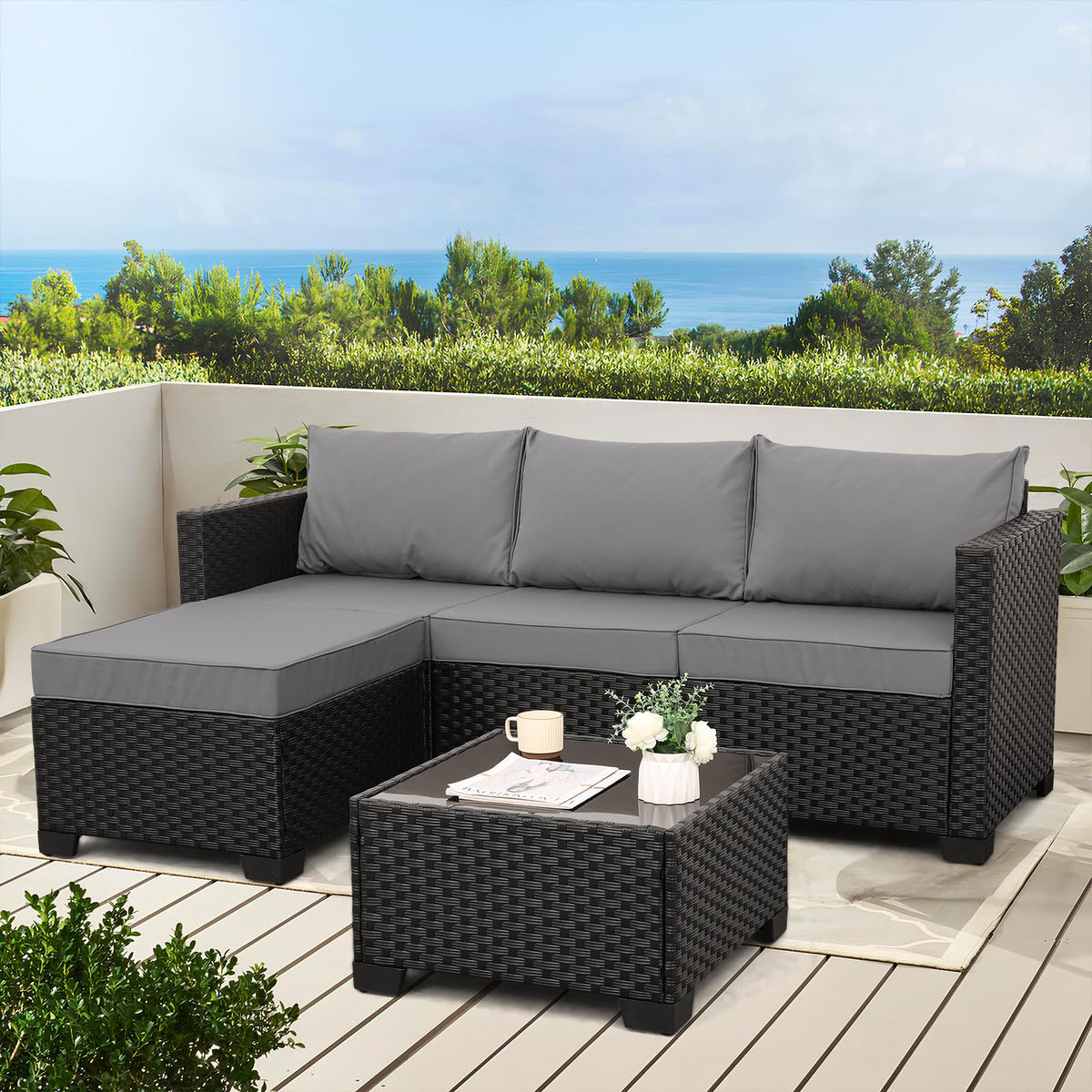 3 Pieces Wicker Outdoor Sectional with Ottoman and Glass Table Y116
