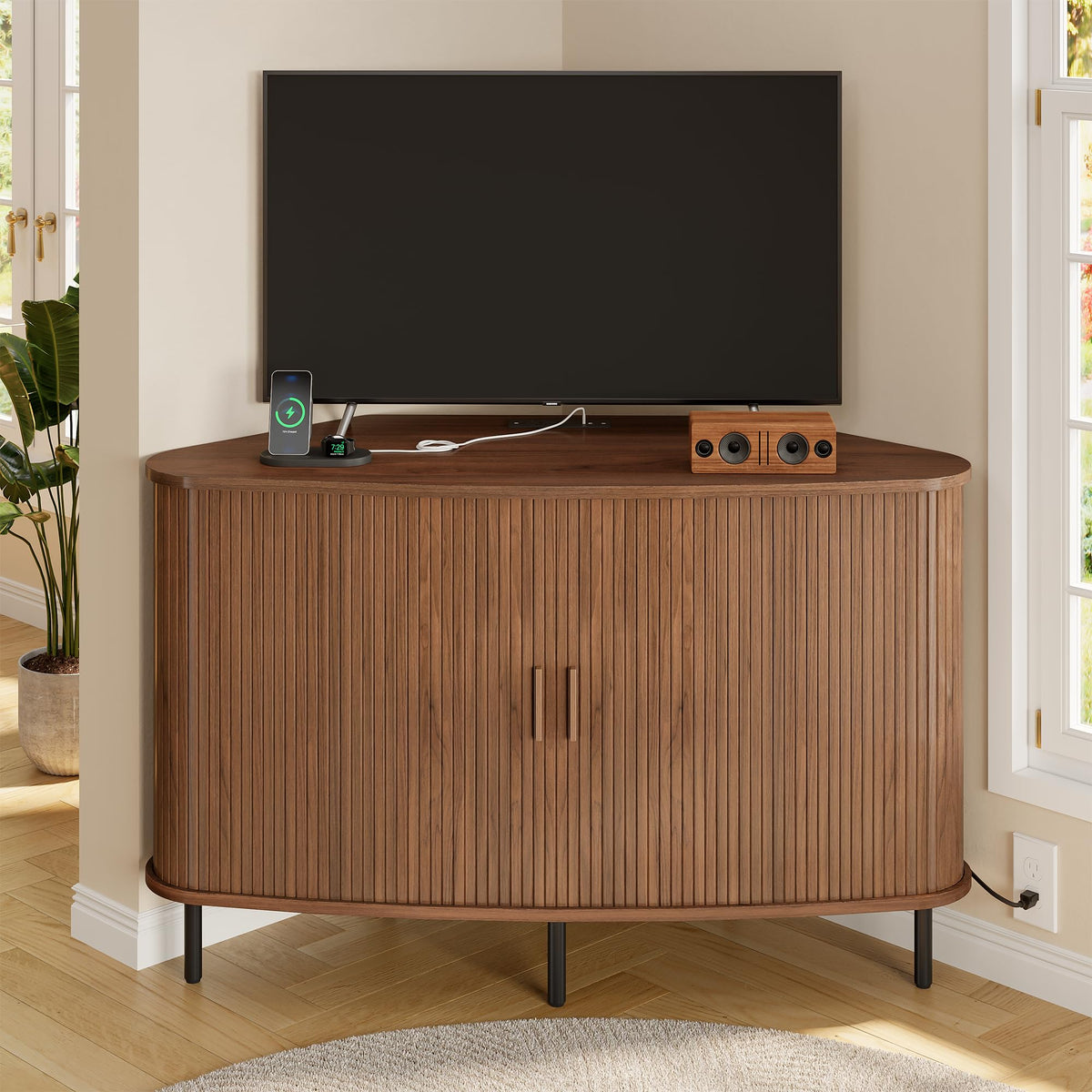 47" Walnut Corner TV Stand with Sliding Door K7780