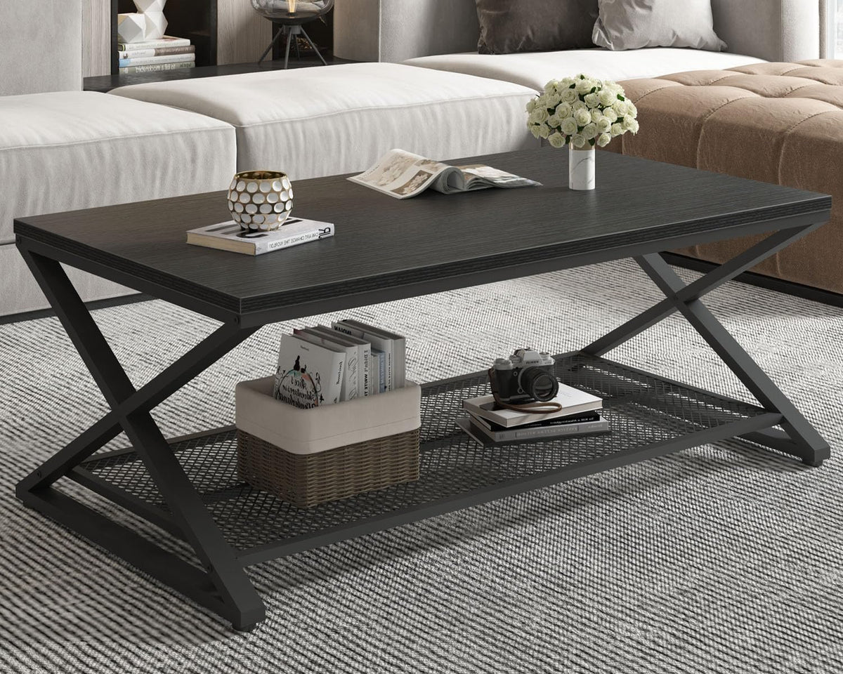Black 2 Tier Wood Coffee Table with Storage W161483