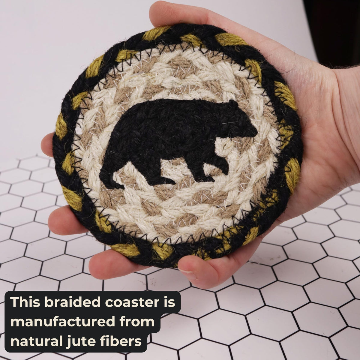Braided Jute Coasters with Black Bear Design, Set of 2 N826