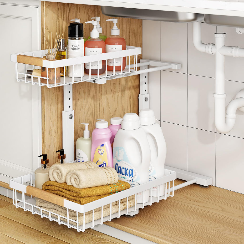 Adjustable 2 Tier Pull Out Under Sink Organizer, White, 2 Pack V5972
