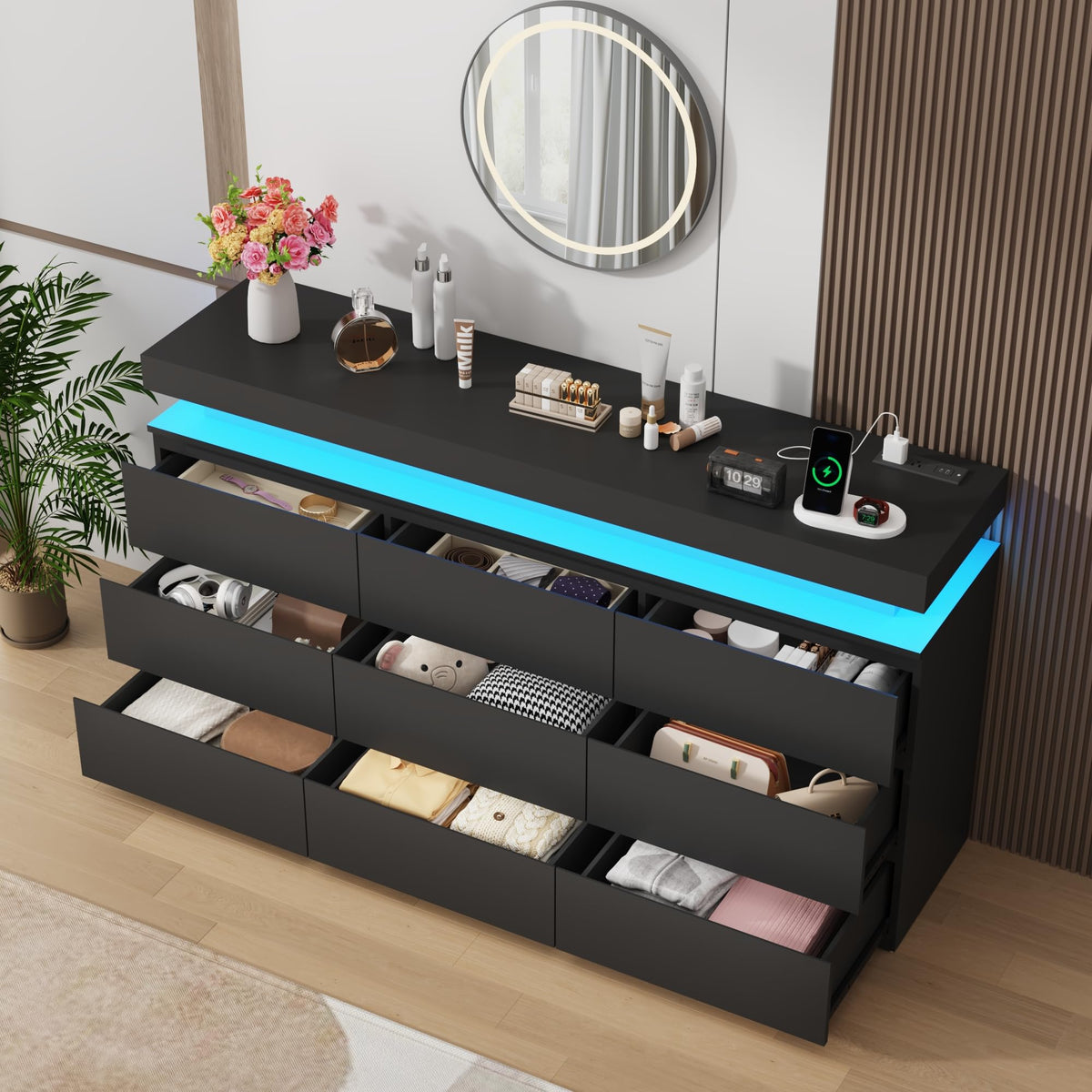 Black 9 Drawer Dresser with Power Outlet B278