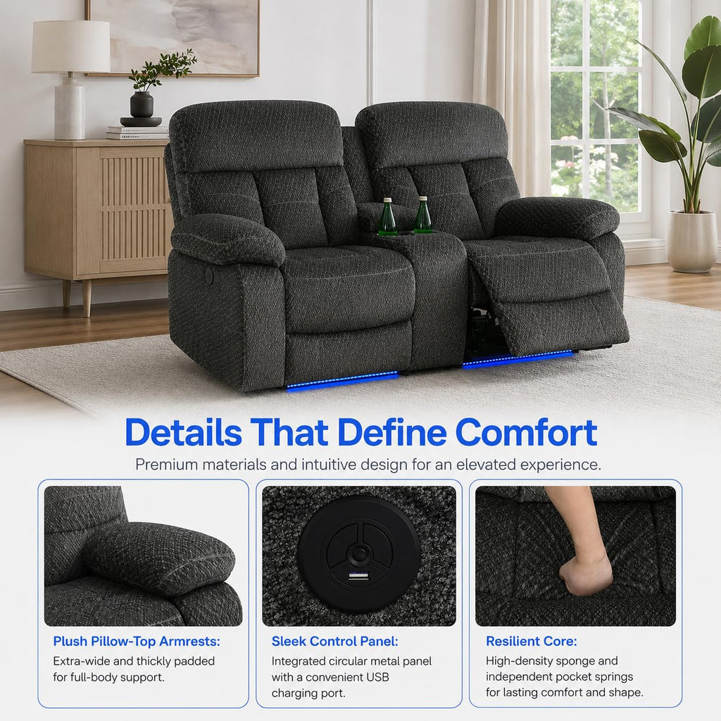 Gray Wool 3 Piece Power Reclining Sofa Set with USB Ports and LED Lights I4587