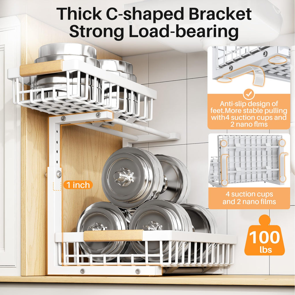 Adjustable 2 Tier Pull Out Under Sink Organizer, White, 2 Pack V5972