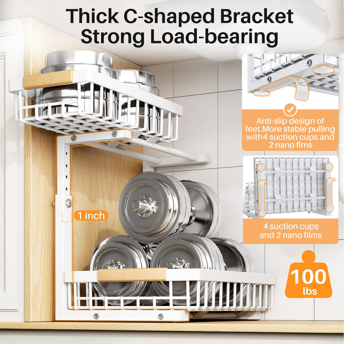 Adjustable 2 Tier Pull Out Under Sink Organizer, White, 2 Pack V5972
