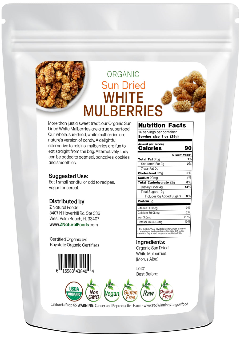 Organic White Mulberries Sun Dried 1 lb A831