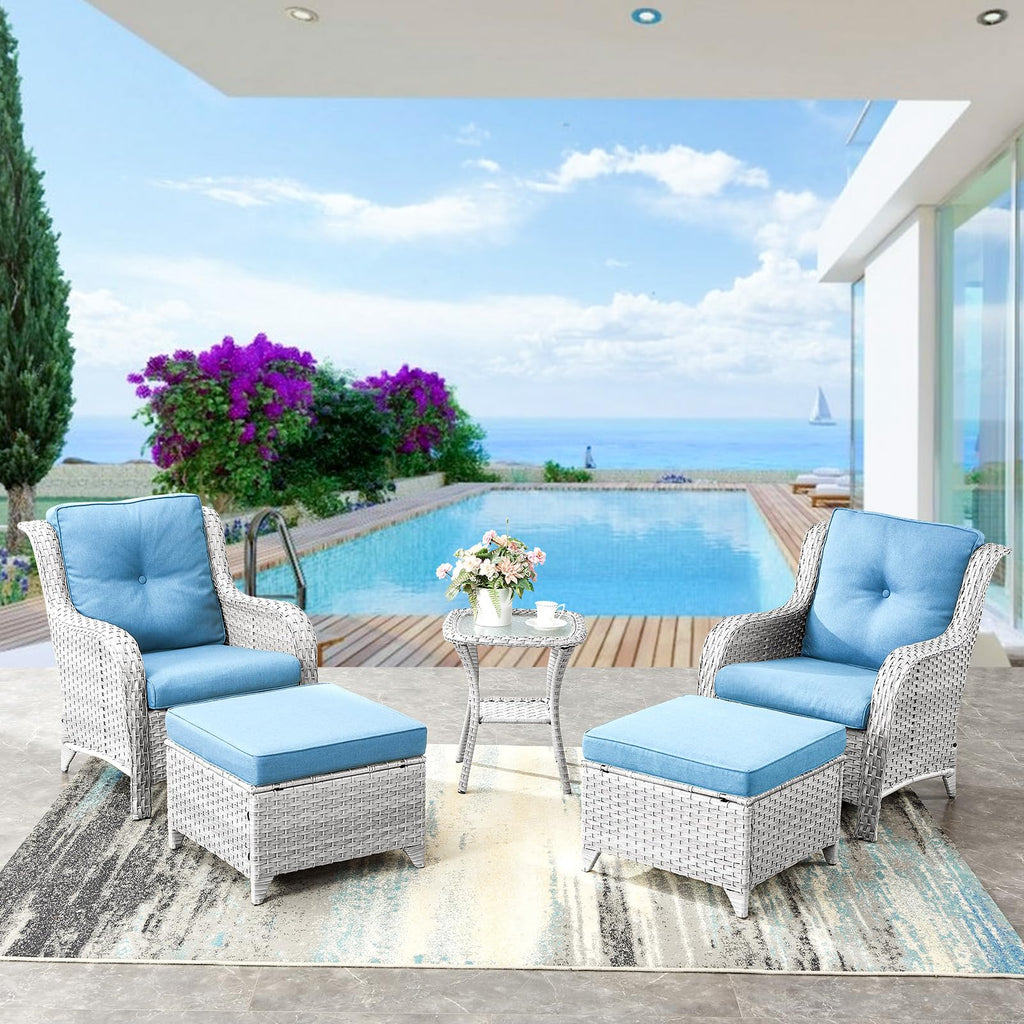 Wicker Outdoor Ottomans Set of 2 Handwoven Rattan Footstools with Removable Cushions R23943