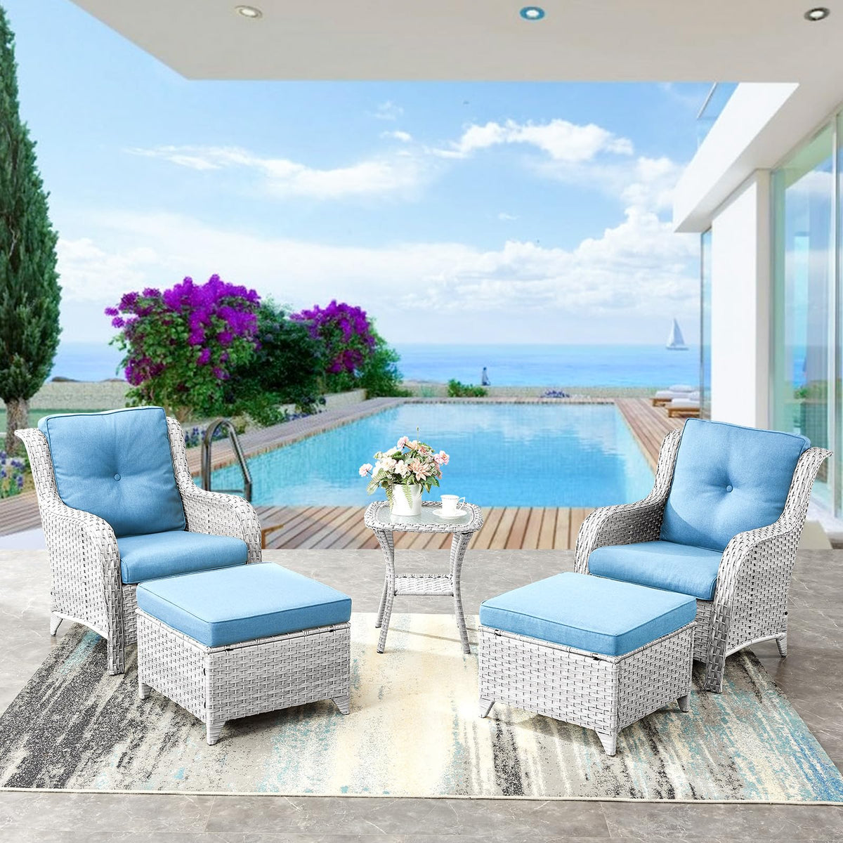 Wicker Outdoor Ottomans Set of 2 Handwoven Rattan Footstools with Removable Cushions R23943