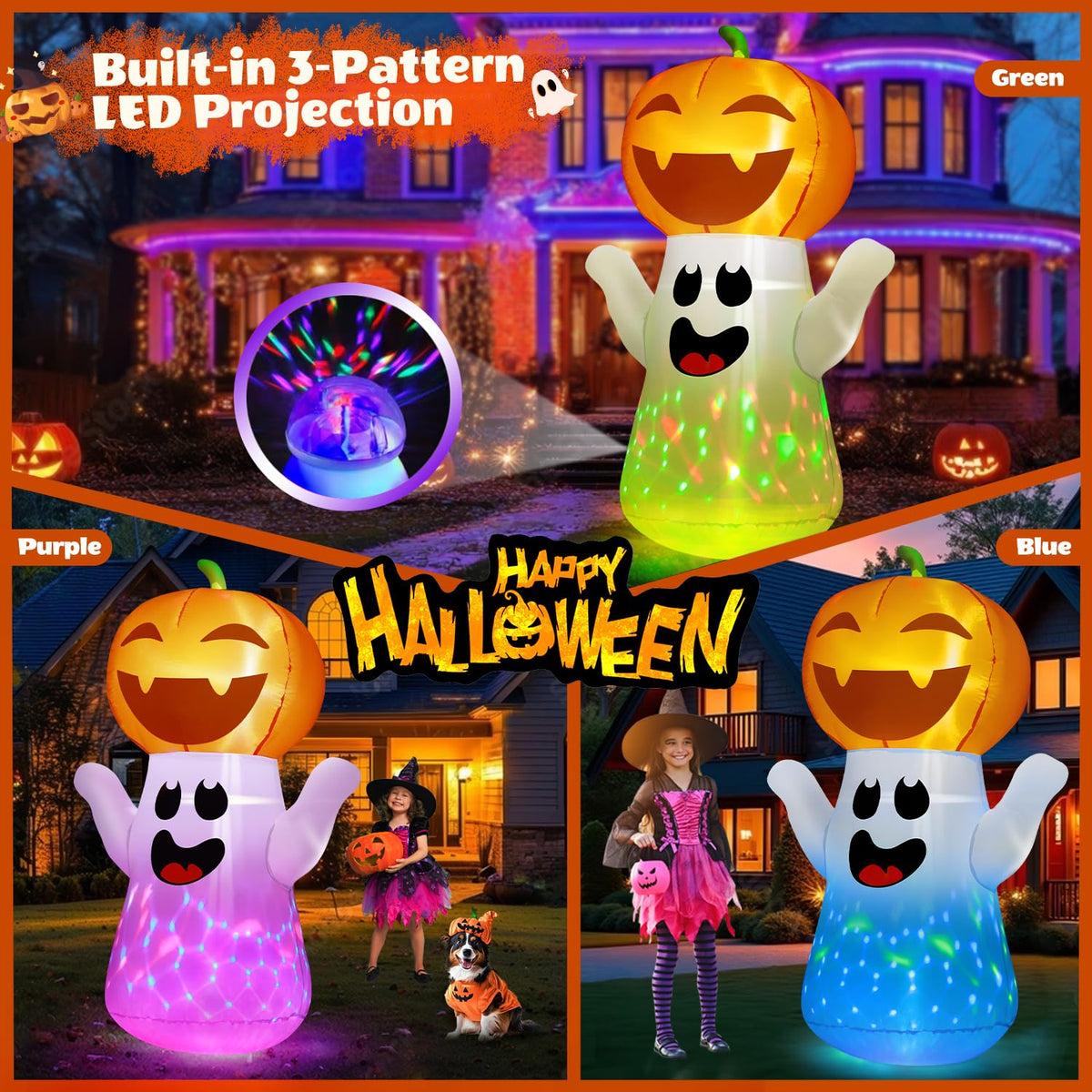 5FT Halloween Inflatables Pumpkin Ghost Built-in 3-Pattern Colorful Flashing Light K8639