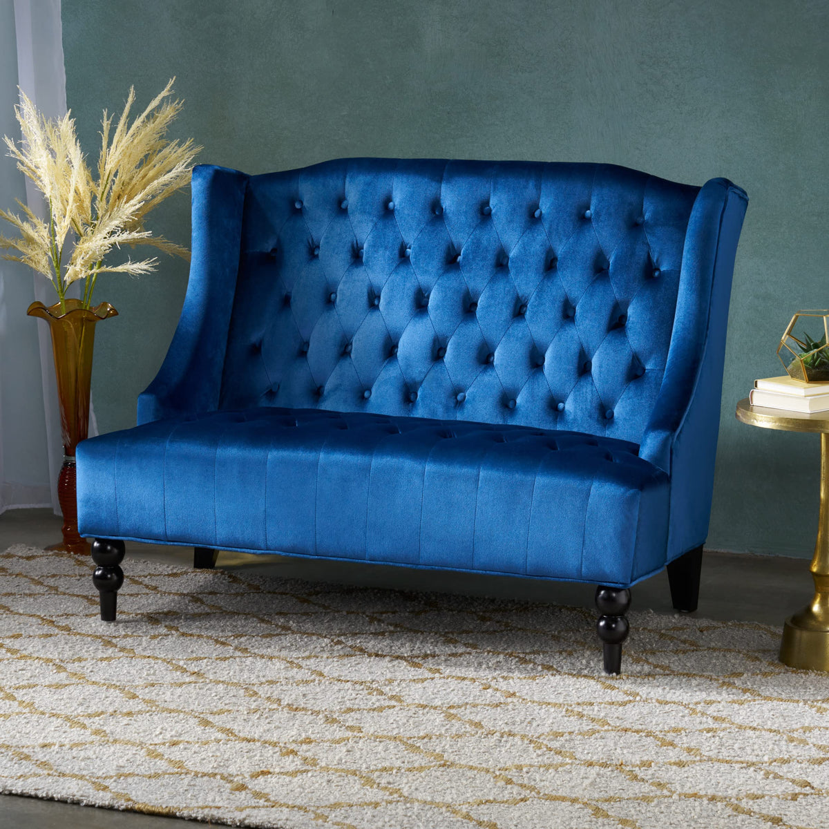 Navy Blue Velvet Tufted Loveseat Q346