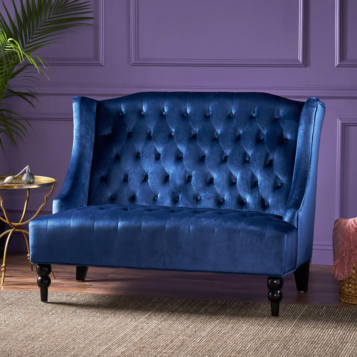 Navy Blue Velvet Tufted Loveseat Q346